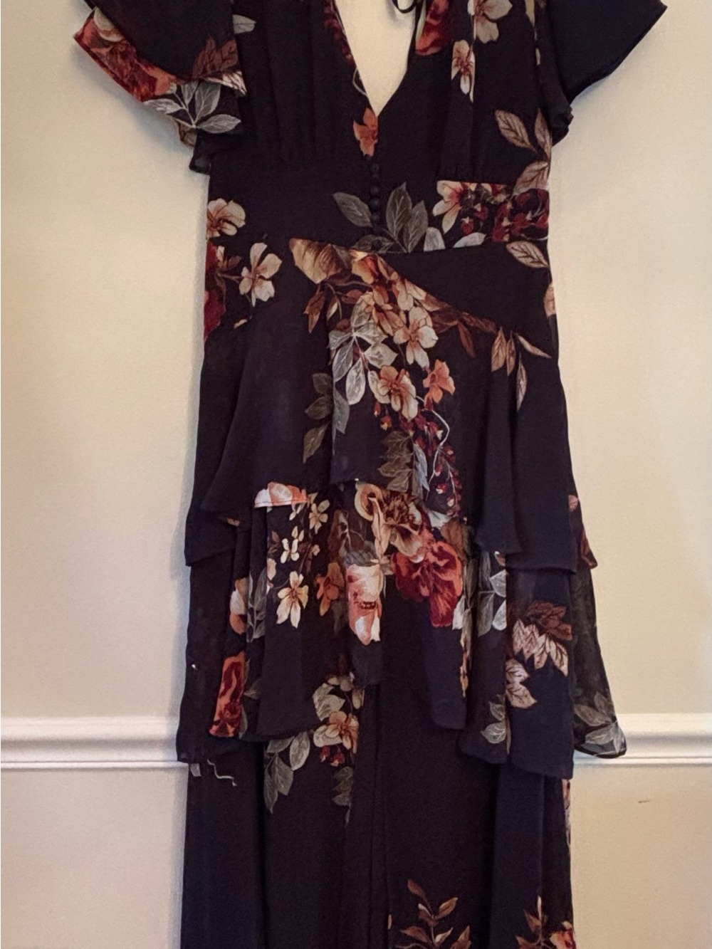 Lulu's Black Floral High-Low Tiered Maxi Dress with Rust & Olive Accents